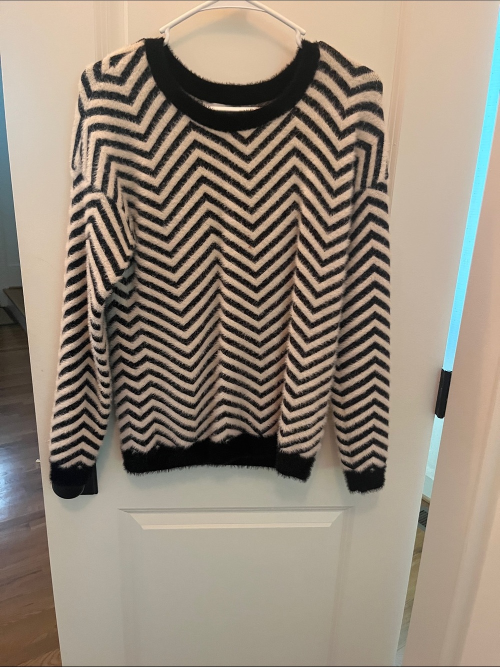 Cyrus Black and White Chevron Fuzzy Crewneck Sweater